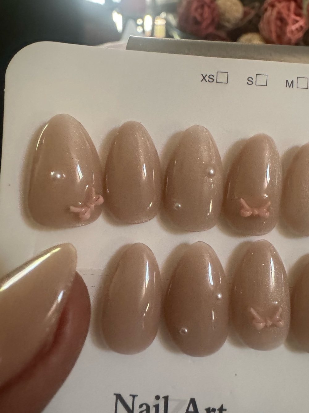 Neutral Blush Press-On Nails with Tiny Bow Accent (Short Almond Shape) - Picture 2 of 3